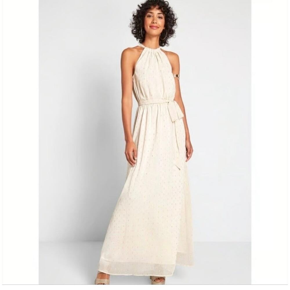 ModCloth Maxi Dress Illuminated Elegance Ivory Halter Party‎ Metallic Large NWT